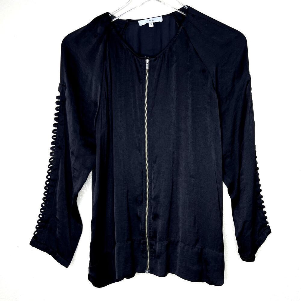 IRO Clarys Satin Zip Up Jacket Sleeve Cutouts Collarless Black Sz 36 US 4 Small